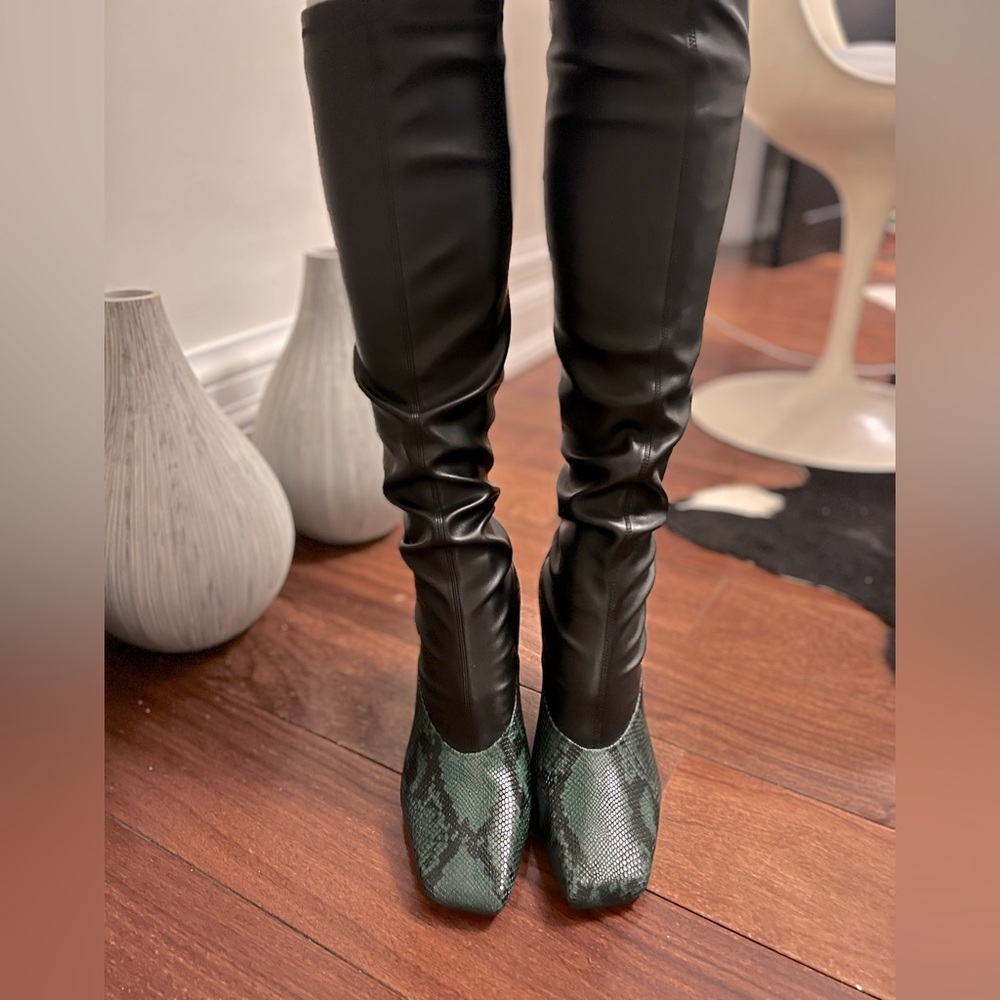 JIMMY CHOO Myka Stretch Leather Heeled  Knee High Python Detail Boots